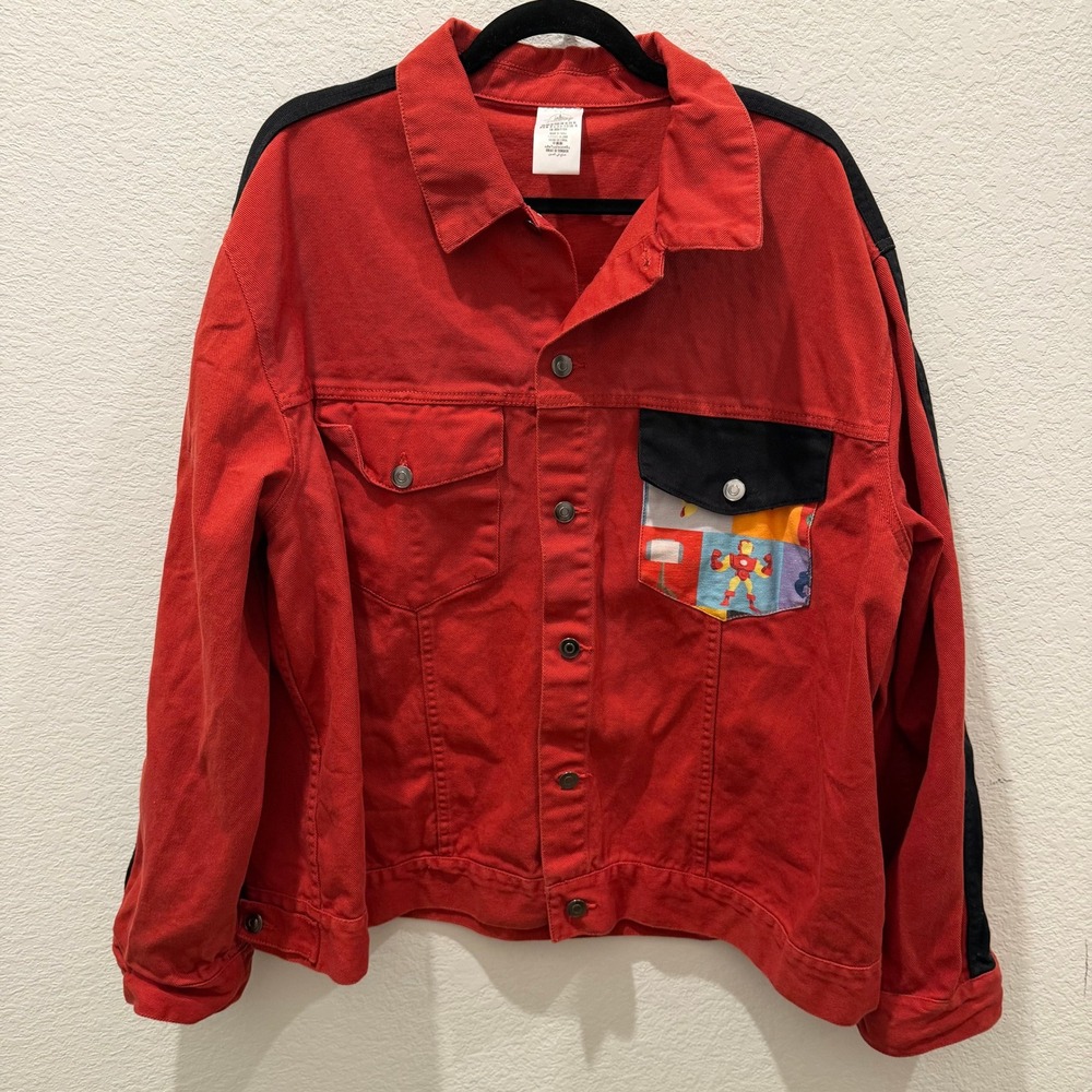 Disney Marvel Avengers Denim Jacket Red Black Stripe Character Patch Mens XL